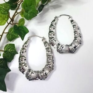 Retro Silver Bamboo Doorknocker Hoop Earrings